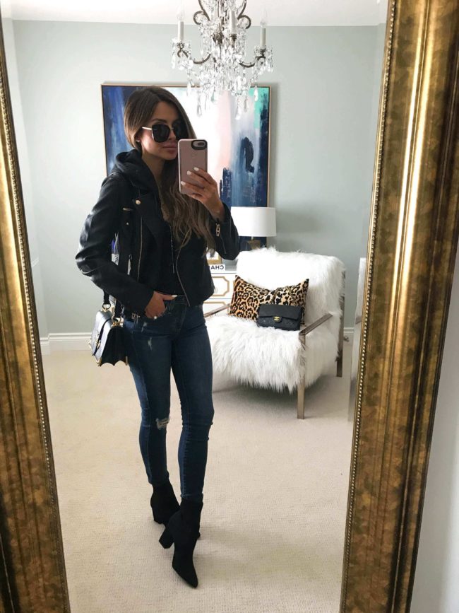 fashion blogger mia mia mine wearing a faux leather jacket and marc fisher booties from the nordstrom anniversary sale 2018