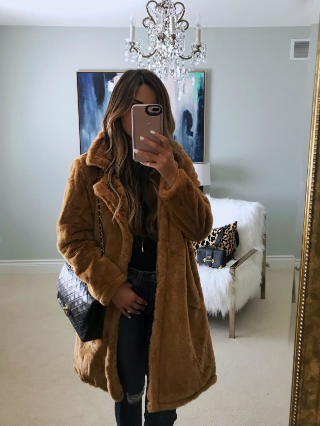 fashion blogger mia mia mine wearing a woven hearts faux fur coat from the nordstrom anniversary sale 2018