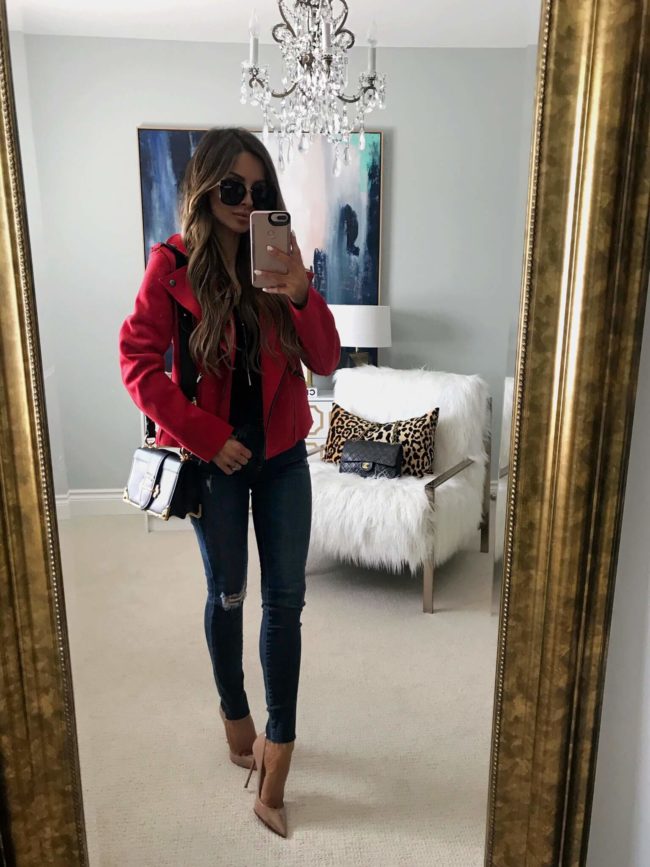 fashion blogger mia mia mine wearing a red moto jacket