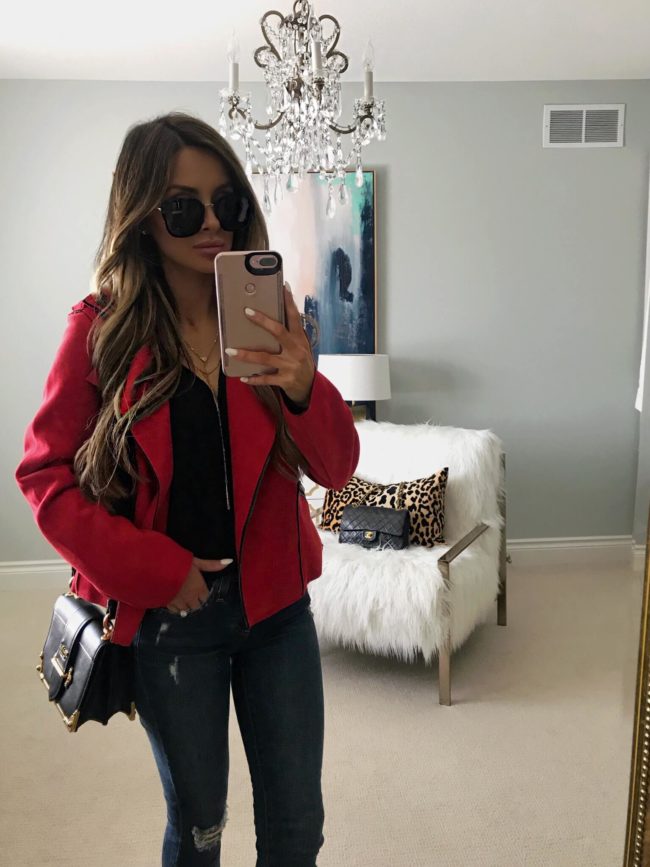 fashion blogger mia mia mine wearing a red moto jacket from the nordstrom anniversary sale 