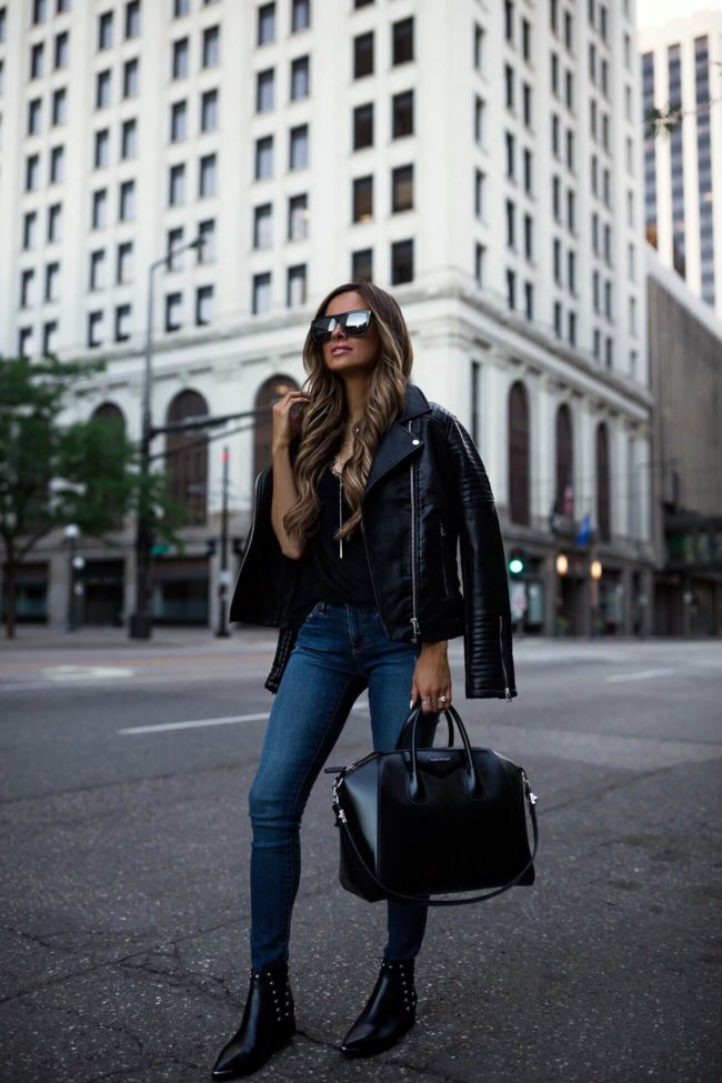 fashion blogger mia mia mine wearing a faux leather topshop jacket and marc fisher studded booties from the nordstrom anniversary sale 2018