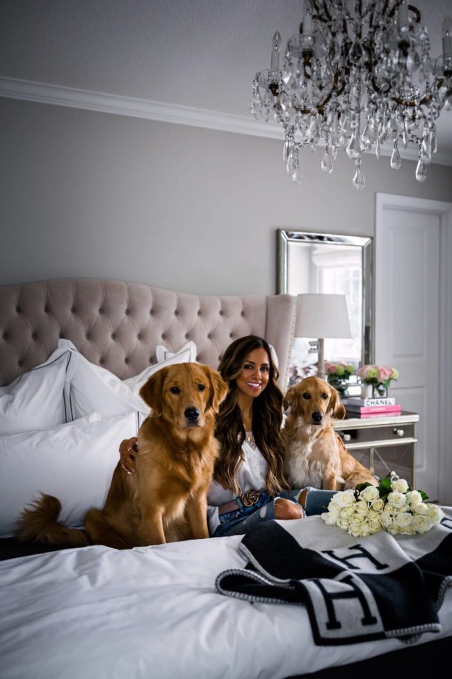 fashion blogger mia mia mine with golden retriever puppies