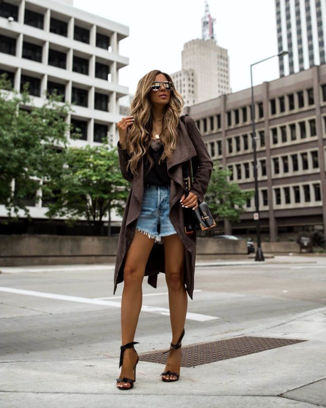 fashion blogger mia mia mine wearing a trench coat from lulus and alexandre birman heels