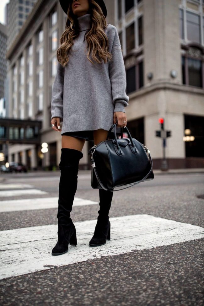 fashion blogger mia mia mine wearing a givenchy antigona bag and a grey turtleneck sweater dress by free people