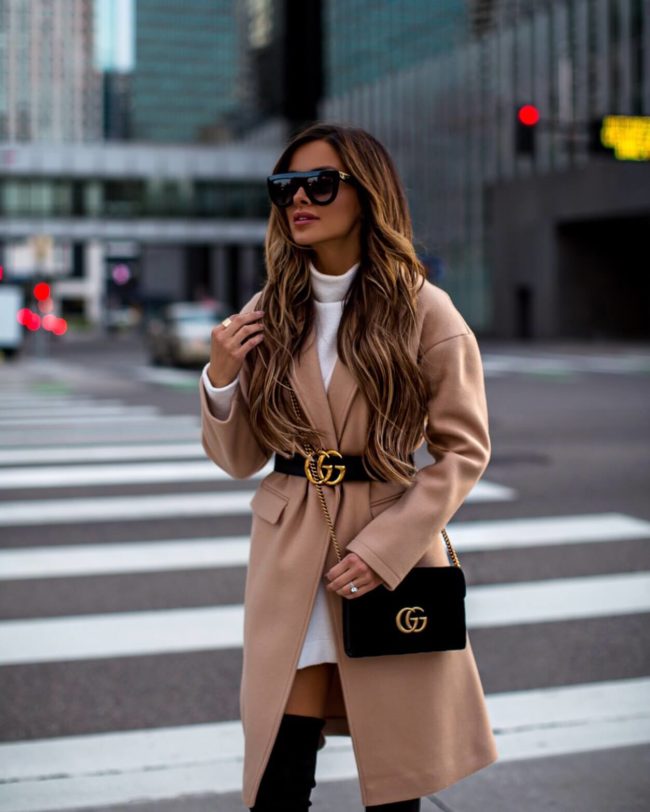 fashion blogger mia mia mine wearing a camel coat by topshop and a gucci velvet bag from nordstrom