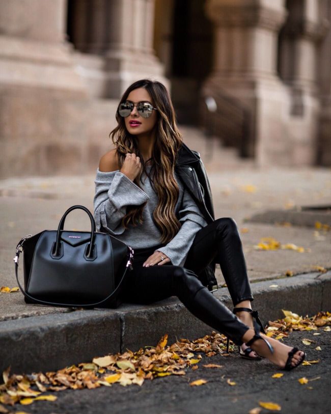 fashion blogger mia mia mine wearing a givenchy bag and faux leather blanknyc pants
