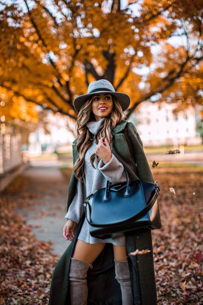 fashion blogger mia mia mine wearing a gray sweater dress and a givenchy antigona tote