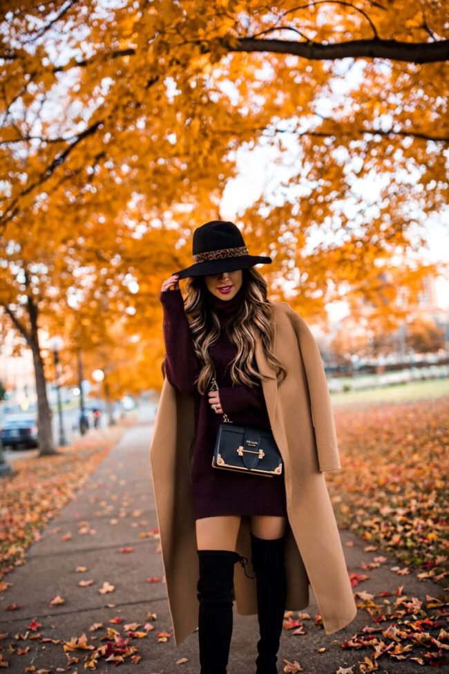fashion blogger mia mia mine wearing a camel coat and a prada bag