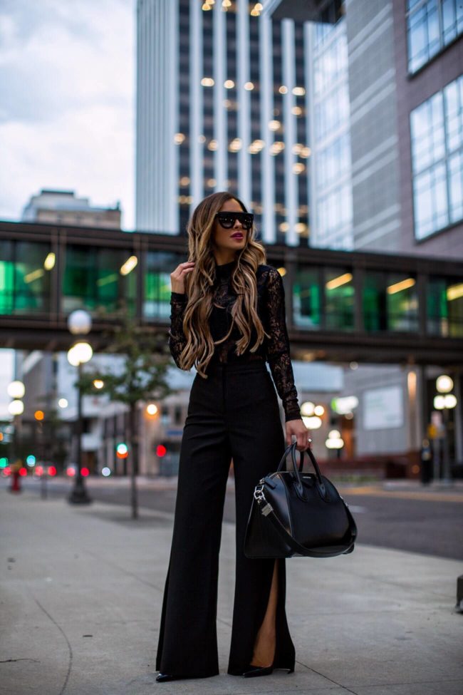 fashion blogger mia mia mine wearing a bcbg lace bodysuit and celine sunglasses