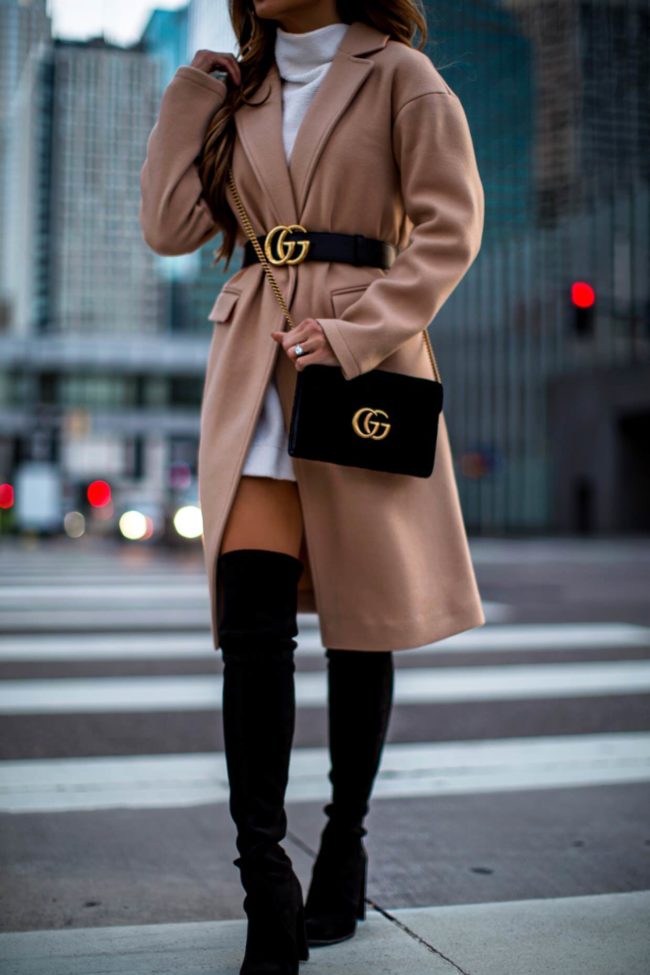 fashion blogger mia mia mine wearing a camel coat from nordstrom and a gucci belt