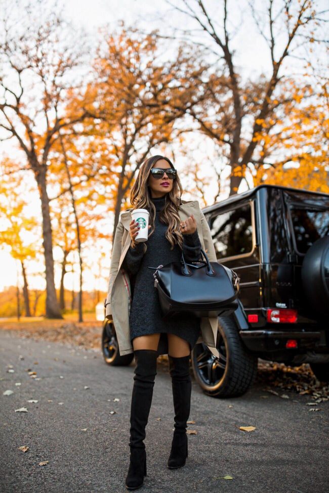 fashion blogger mia mia mine wearing a burberry trench coat and a sweater dress from H&M