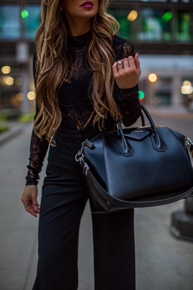 fashion blogger mia mia mine wearing a givenchy antigona bag and a lace bodysuit