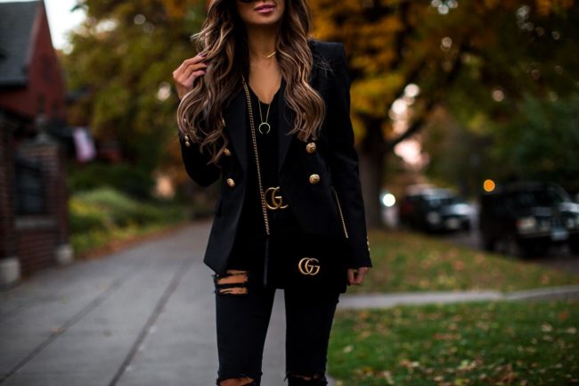 fashion blogger mia mia mine wearing a gucci belt and a balmain blazer from nordstrom