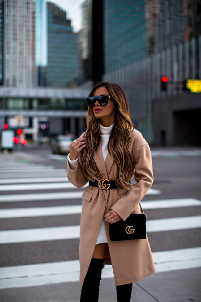 fashion blogger mia mia mine wearing a gucci marmont velvet chain wallet and a gucci belt