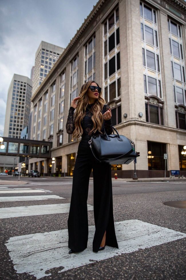 fashion blogger mia mia mine wearing a bcbg lace bodysuit and a givenchy antigona bag from nordstrom