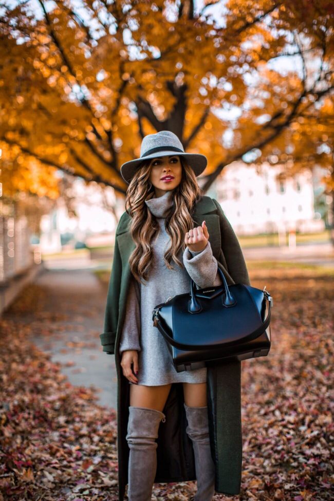 fashion blogger mia mia mine wearing a gray sweater dress and a gray rag & bone wool fedora hat
