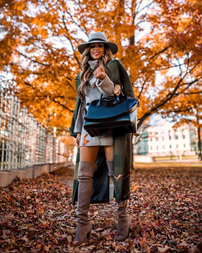 fashion blogger mia mia mine wearing a gray sweater dress and gray hat by rag & bone for fall 2018