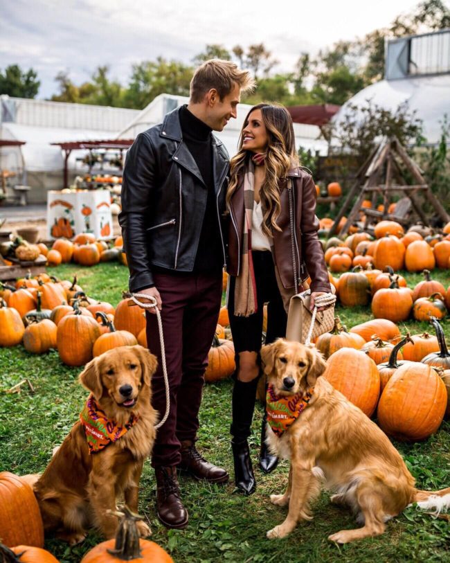 fashion blogger mia mia mine with husband phil thompson at a pumpkin patch