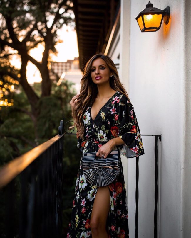 fashion blogger mia mia mine wearing a floral kimono dress by yumi kim from revolve