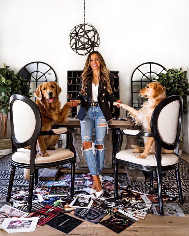 fashion blogger mia mia mine's home office decor with golden retrievers and furniture from z gallerie and one kings lane