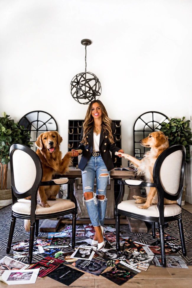 fashion blogger mia mia mine with golden retrievers in her home office with pieces from z gallerie and one kings lane