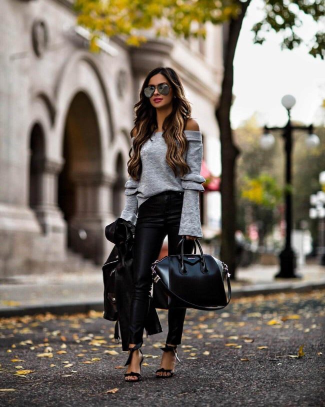 fashion blogger mia mia mine wearing a gray off the shoulder sweater from shopbop and a givenchy antigona bag