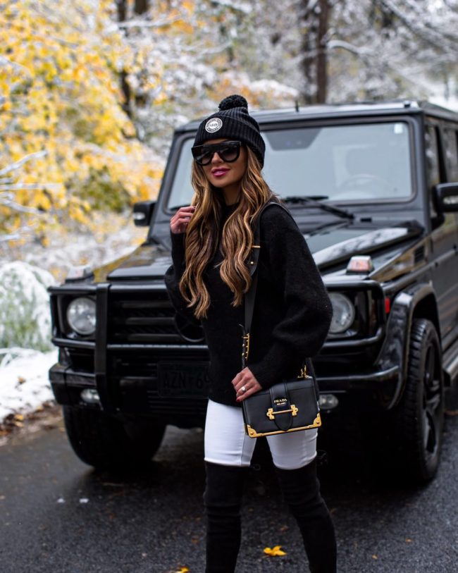 Fashion blogger mia mia mine wearing a black beanie and prada cahier bag