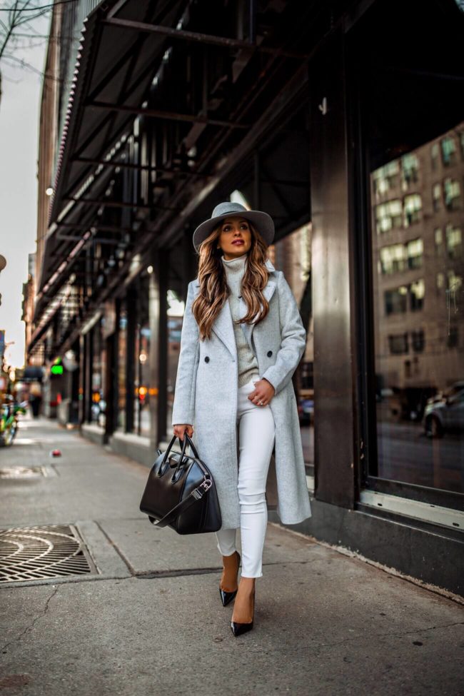 fashion blogger mia mia mine wearing a gray coat from club monaco and white denim