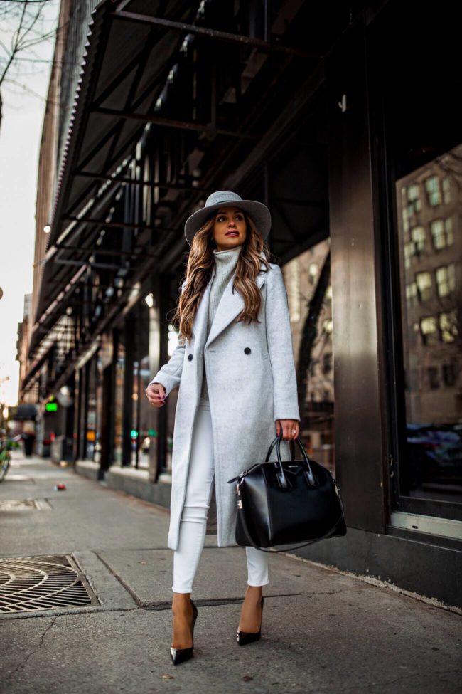 fashion blogger mia mia mine wearing a gray coat from club monaco and a givenchy antigona bag