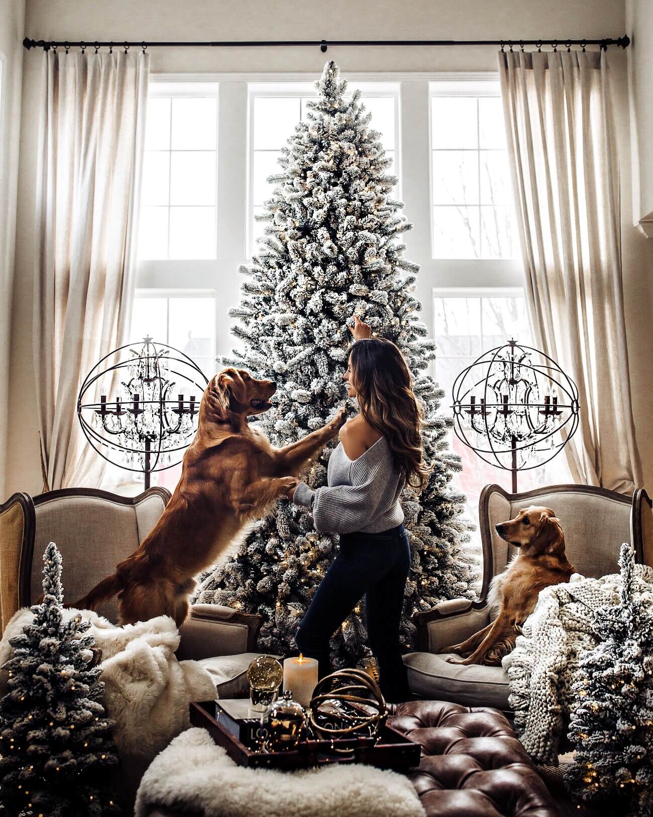 fashion blogger mia mia mine's christmas decor featuring a king of christmas flocked tree