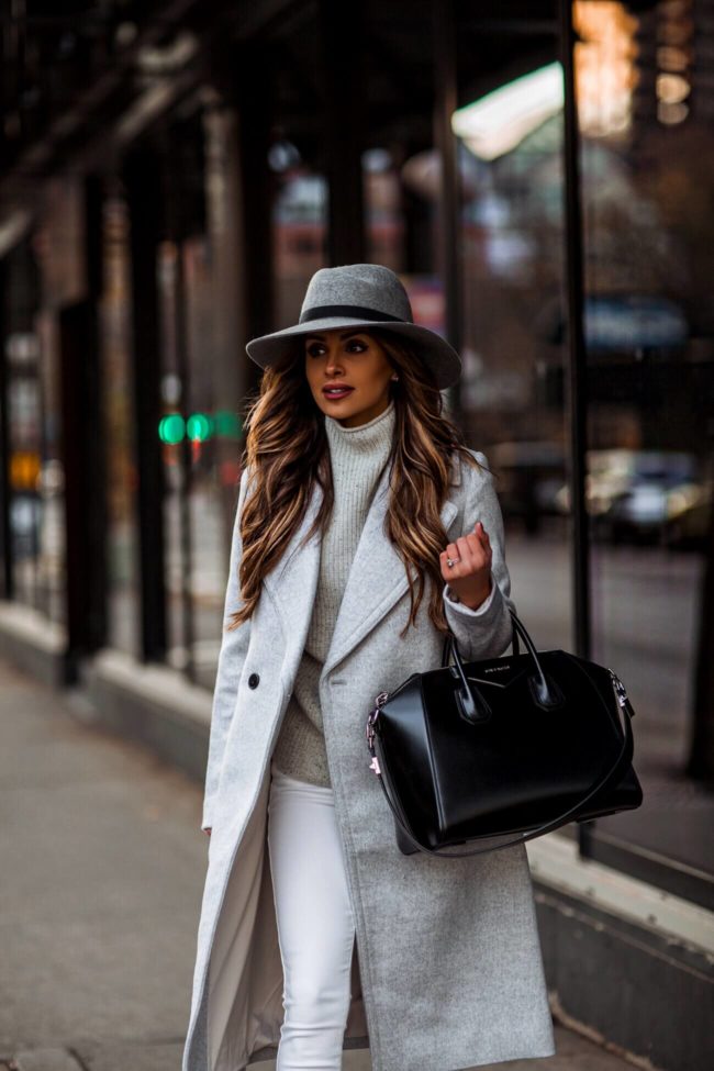 fashion blogger mia mia mine wearing a gray coat from club monaco and a rag & bone fedora
