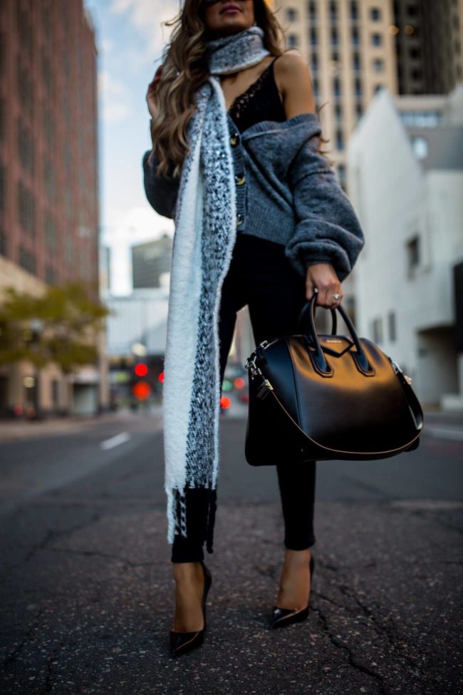 fashion blogger mia mia mine wearing a topshop scarf and a givenchy antigona bag