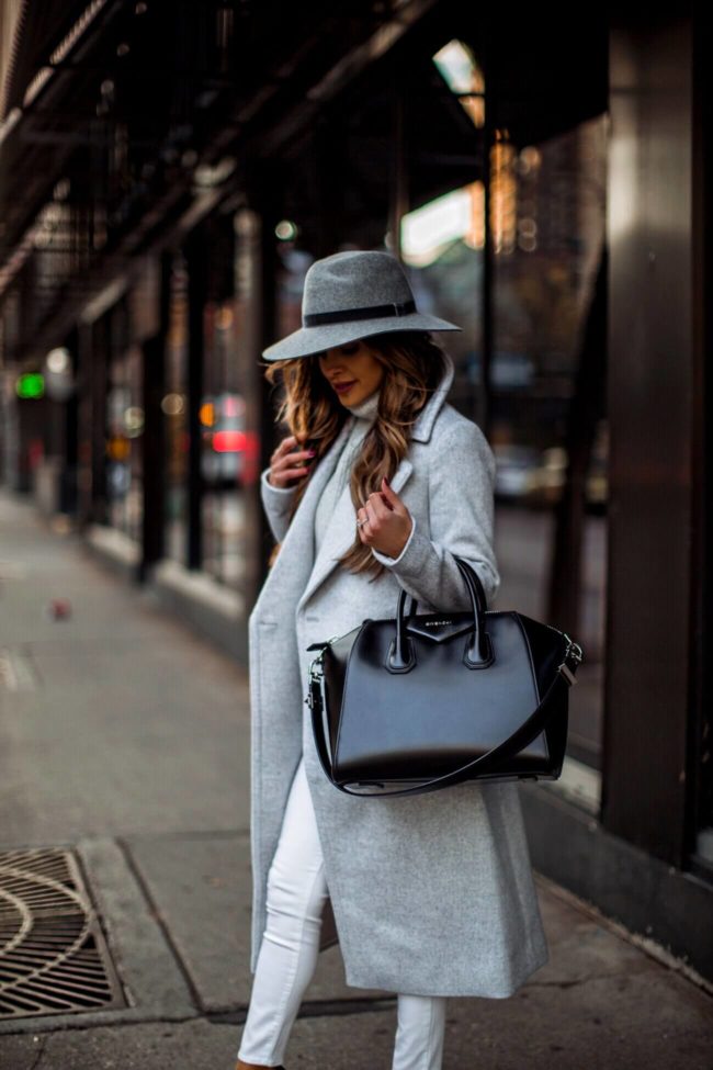 fashion blogger mia mia mine wearing a gray coat and a givenchy antigona medium bag
