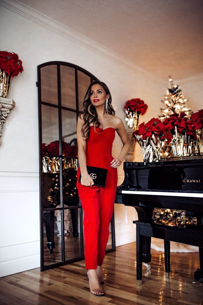 fashion blogger mia mia mine wearing a red velvet romper and a gucci marmont velvet bag from nordstrom