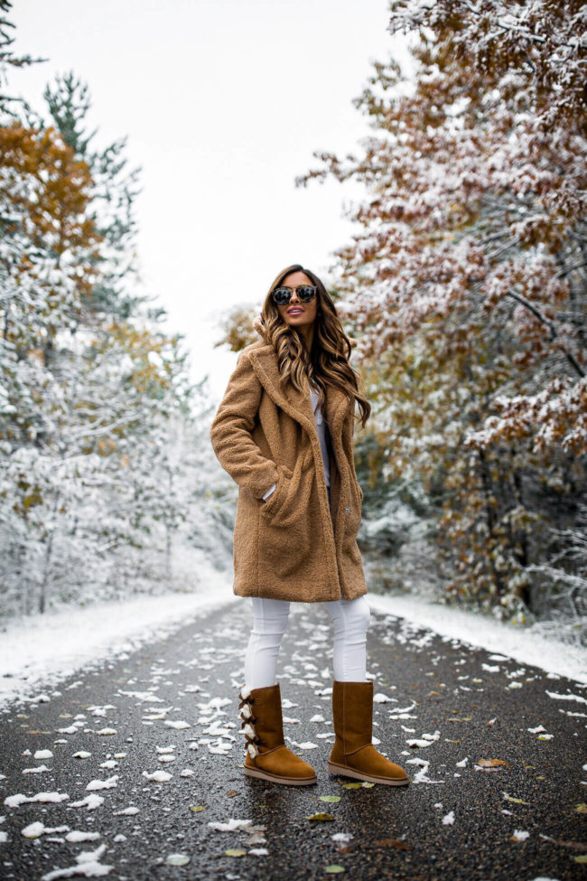 fashion blogger mia mia mine wearing a cozy teddy bear coat from nordstrom for winter