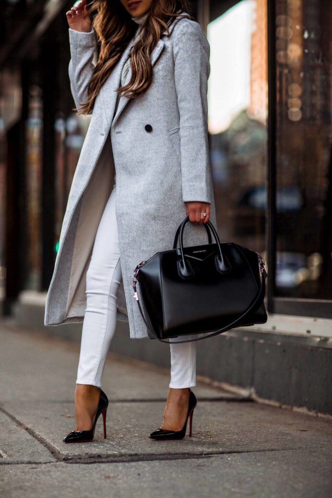 fashion blogger mia mia mine wearing a givenchy antigona bag and a club monaco gray coat