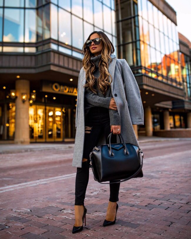fashion blogger mia mia mine wearing a gray coat by topshop from nordstrom and a givenchy antigona bag