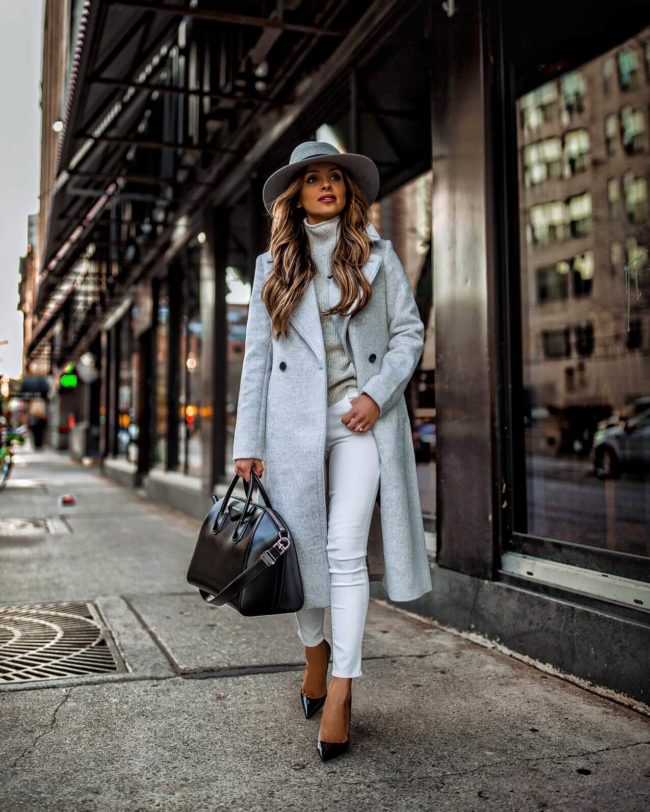 fashion blogger mia mia mine wearing a gray coat from club monaco and white jeans
