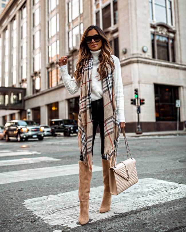 fashion blogger mia mia mine wearing a white sweater from lord & taylor and a plaid scarf