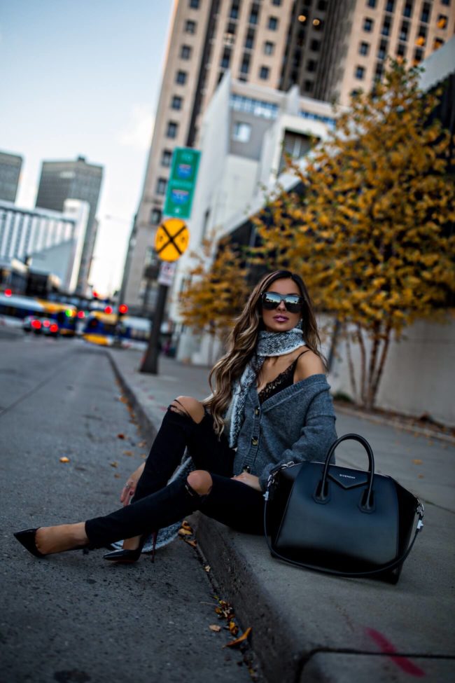fashion blogger mia mia mine wearing a cardigan and lace bodysuit from nordstrom by topshop