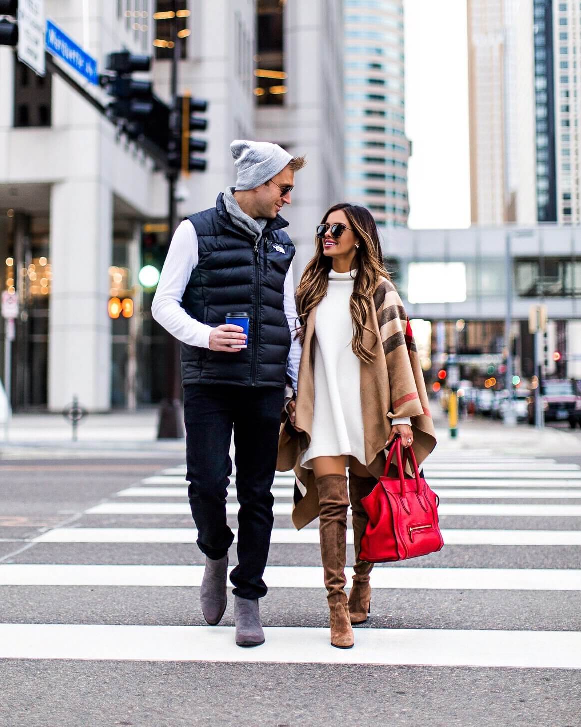 fashion blogger mia mia mine wearing a burberry cape with husband phil thompson for thanksgiving 2018