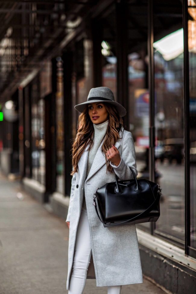 fashion blogger mia mia mine wearing a gray fedora by rag & bone and a givenchy antigona bag