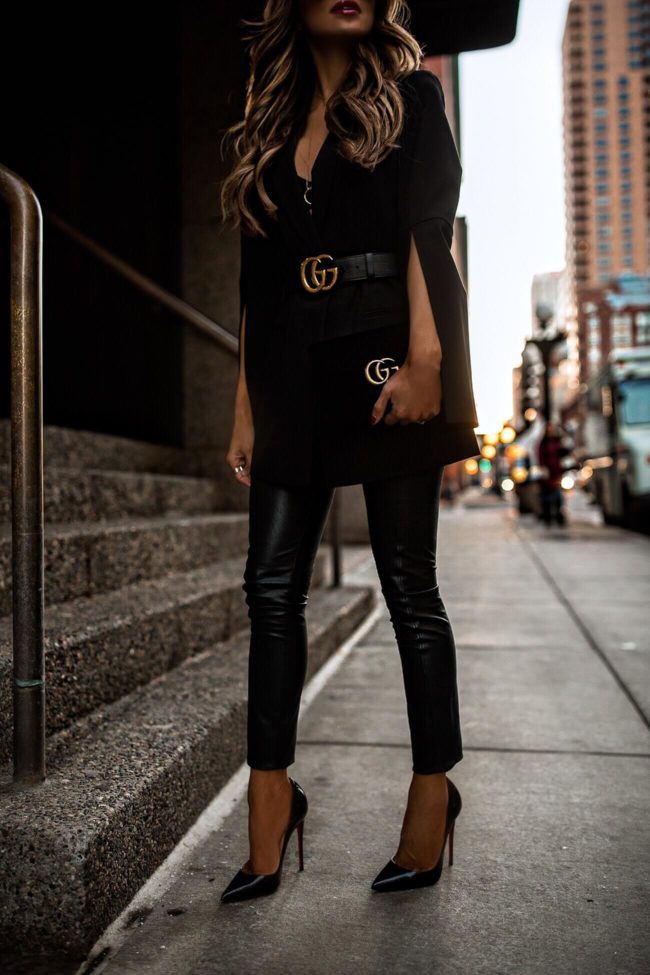fashion blogger mia mia mine wearing bcbg max azria faux leather pants from macy's holiday 2018