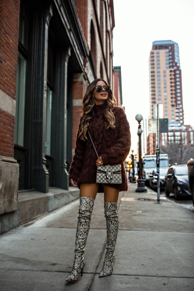fashion blogger mia mia mine wearing a brown sweater dress from mango and a gucci dionysus mini bag