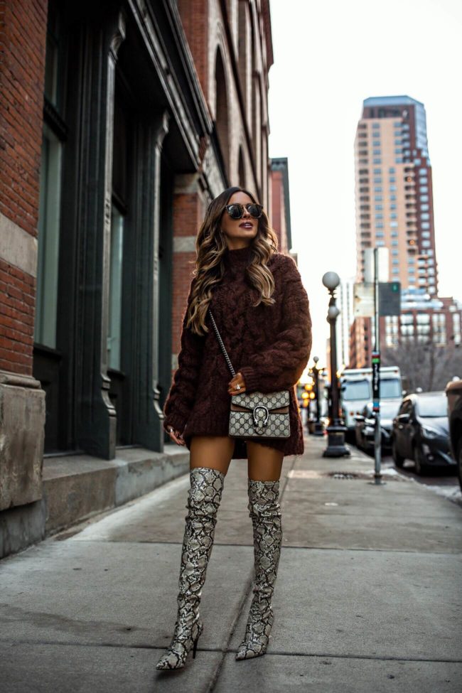 fashion blogger mia mia mine wearing a brown sweater dress from mango and a gucci dionysus mini bag