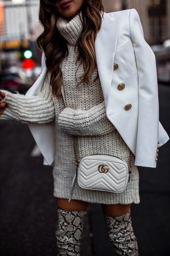 fashion blogger mia mia mine wearing a white balmain blazer and a gucci mini marmont white bag