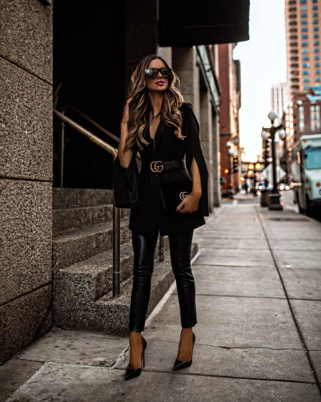 fashion blogger mia mia mine wearing a bcbg blazer and faux leather pants from macy's