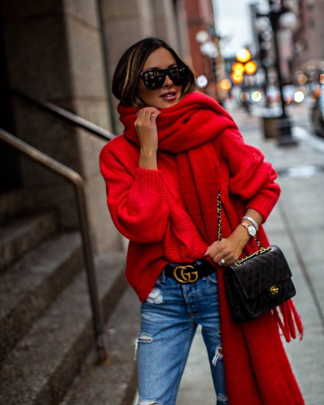 fashion blogger mia mia mine wearing a red sweater from mango and a red chunky scarf with a gucci belt for holiday 2018