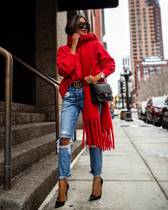 fashion blogger mia mia mine wearing a red sweater and scarf with a chanel bag from ebay