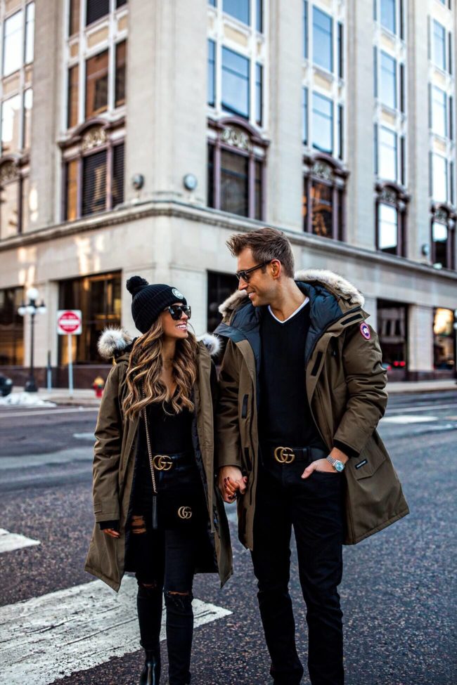 fashion blogger mia mia mine and husband phil wearing a canada goose jackets and gucci belts from nordstrom